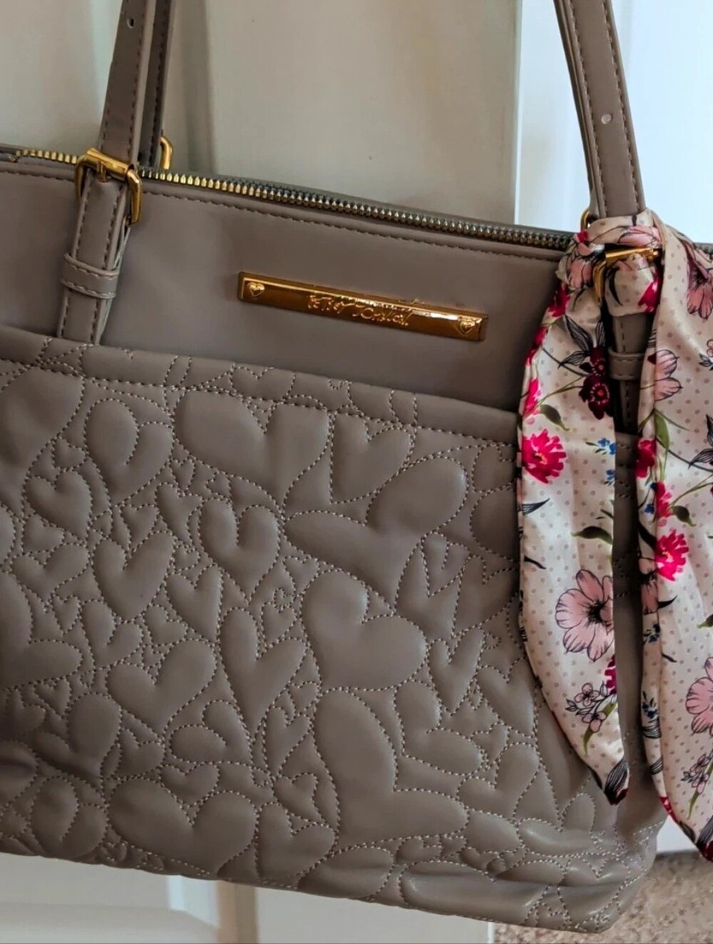Quilted Taupe Tote with Floral Scarf Accent